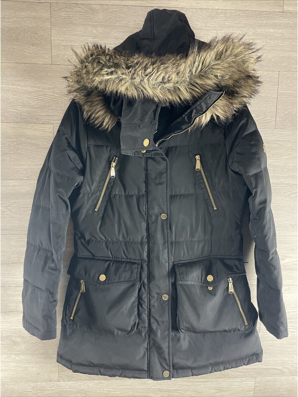 Michael Kors Women’s Size Medium Black Faux-Fur-Trim Hooded Puffer Jacket Down
